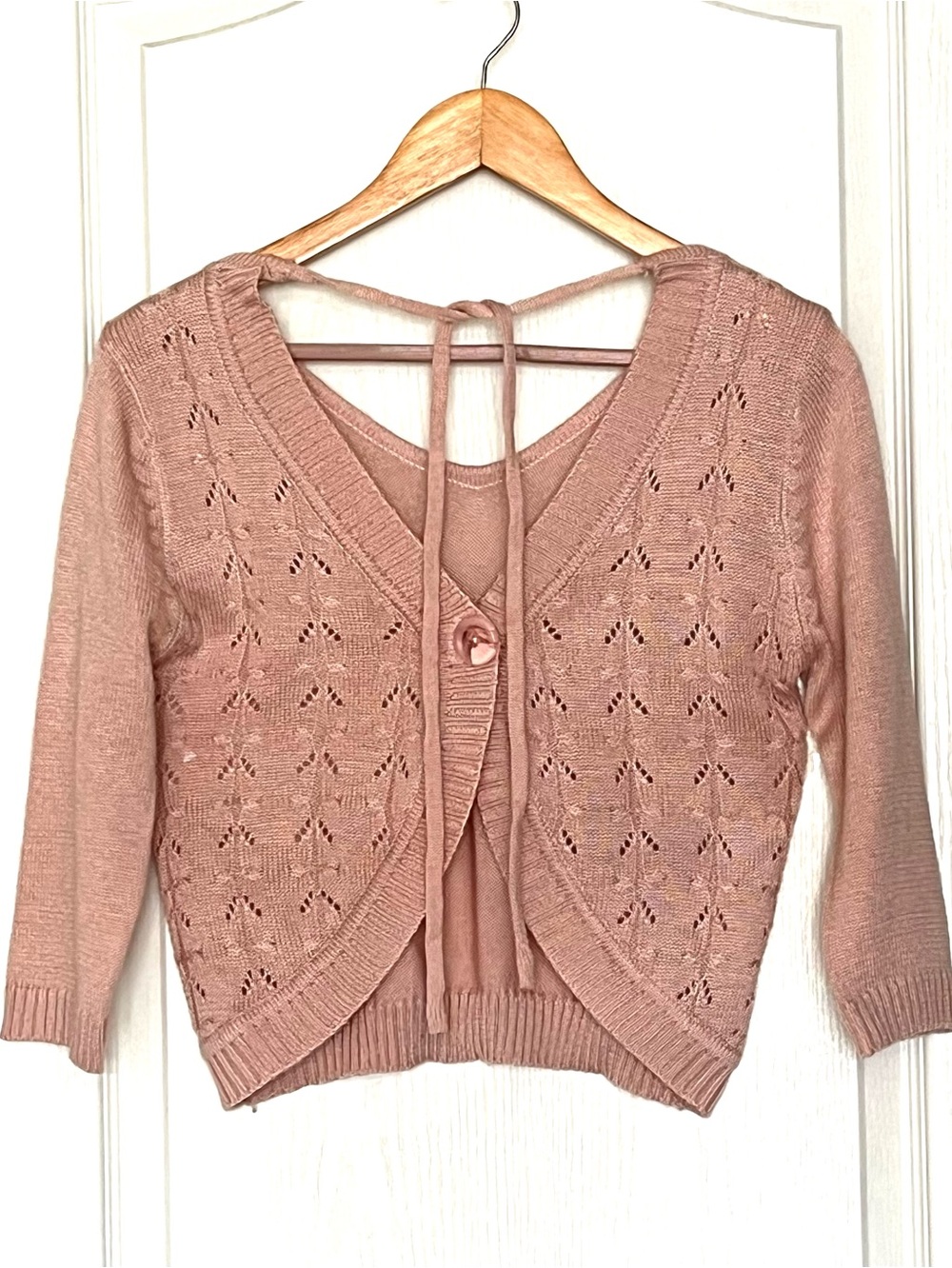 Am Mi Rose Vintage Japan Pink Pointelle Cable Knit Cropped Cardigan Sweater, XS
